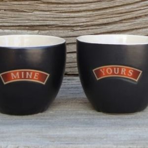 Bailey's Ceramic Cups 8oz 2pc set  “Mine and Yours” Black Tan Barwear